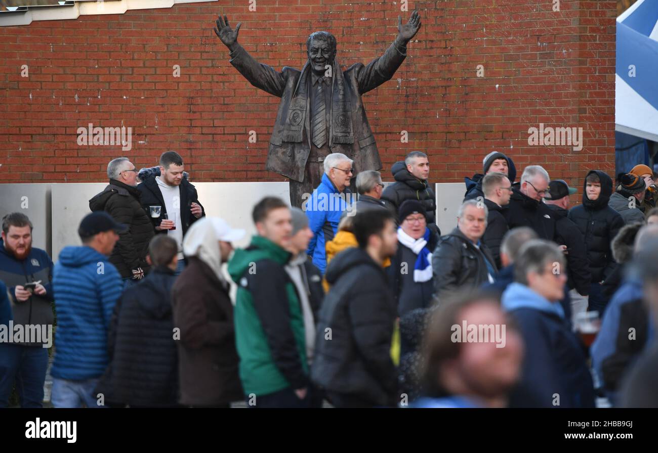 Fans walk past a statue of Jack Walker outside the ground ahead of the Sky Bet Championship match at Ewood Park, Blackburn. Picture date: Saturday December 18, 2021. Stock Photo