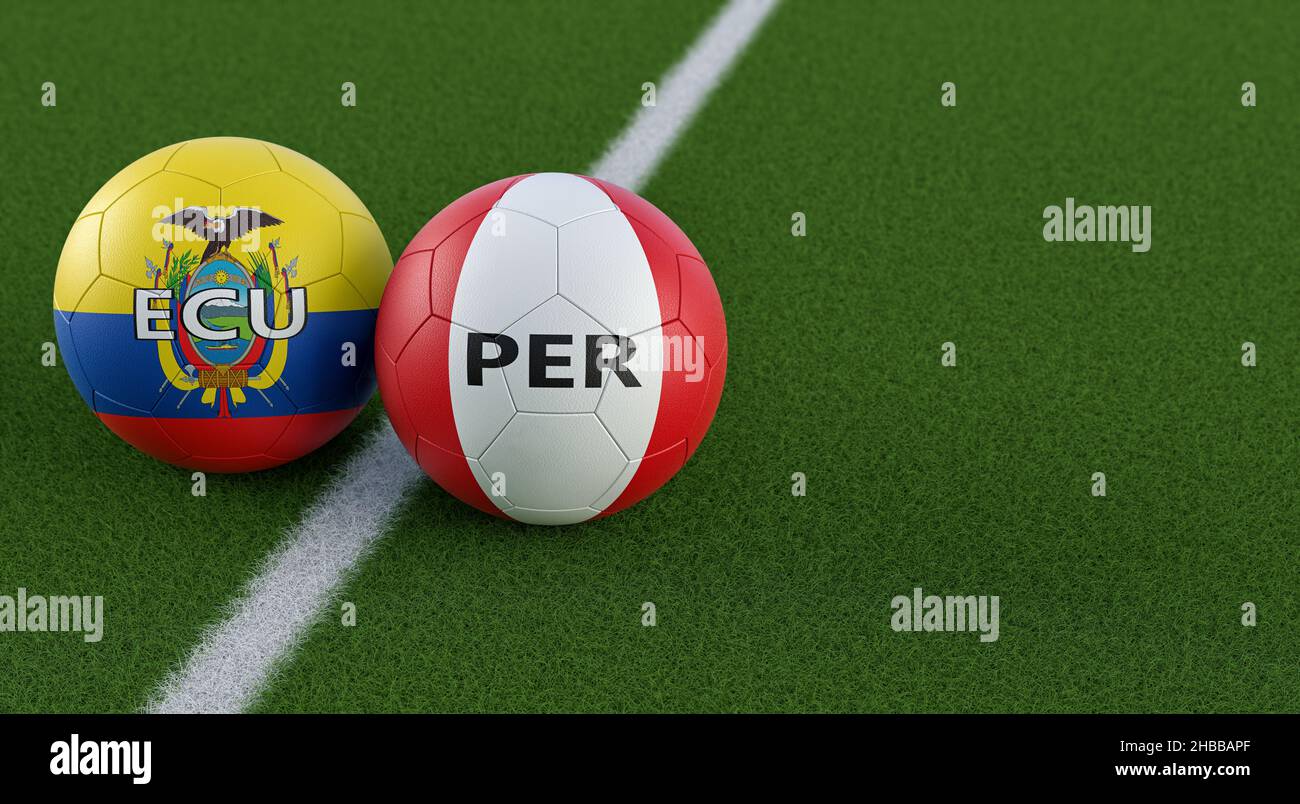 Peru vs. Ecuador Soccer Match - Leather balls in Peru and Ecuador national colors. 3D Rendering Stock Photo