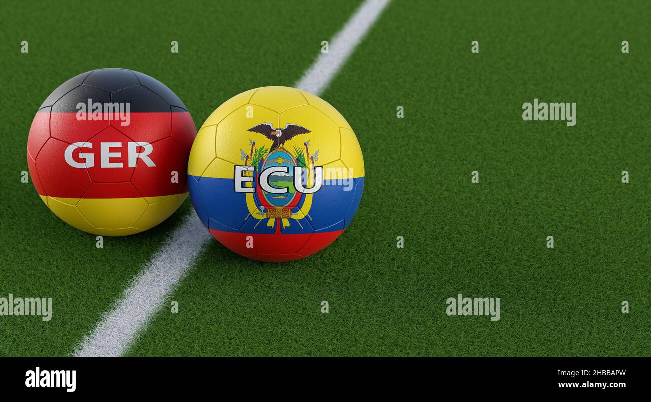 Germany vs. Ecuador Soccer Match - Leather balls in Germany and Ecuador national colors. 3D Rendering Stock Photo