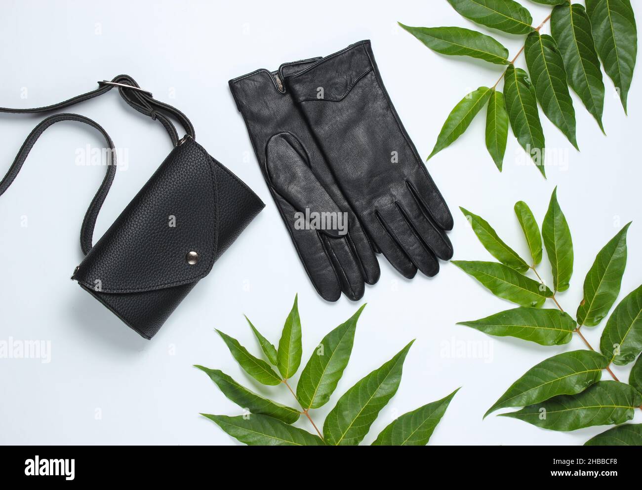 Leather waist bag, gloves on white background with green tropical