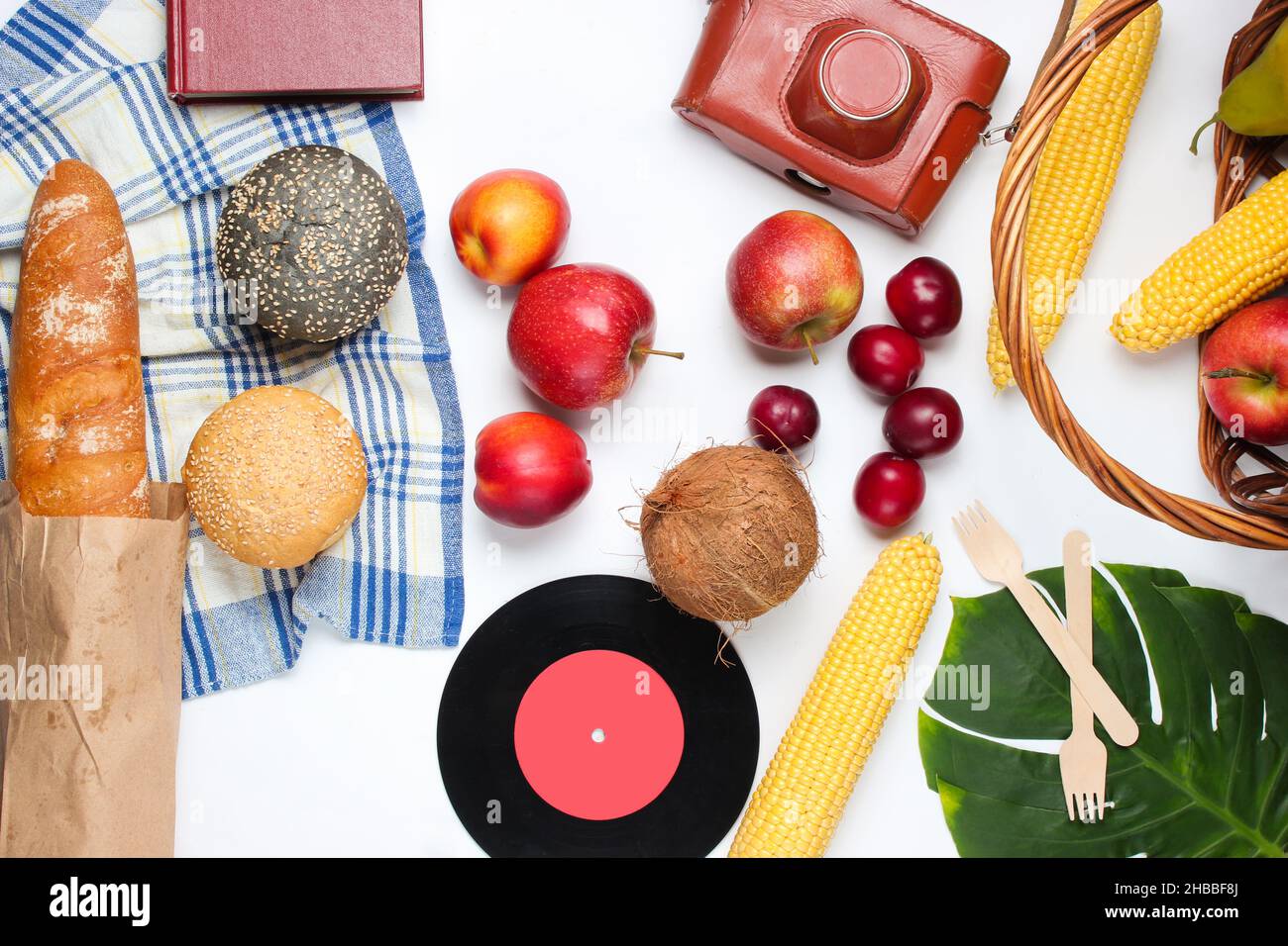 French retro style picnic. Basket with fruits and vegetables, retro