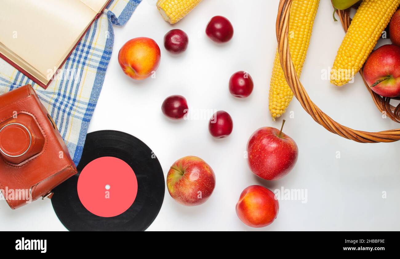 French retro style picnic. Basket with fruits and vegetables, retro