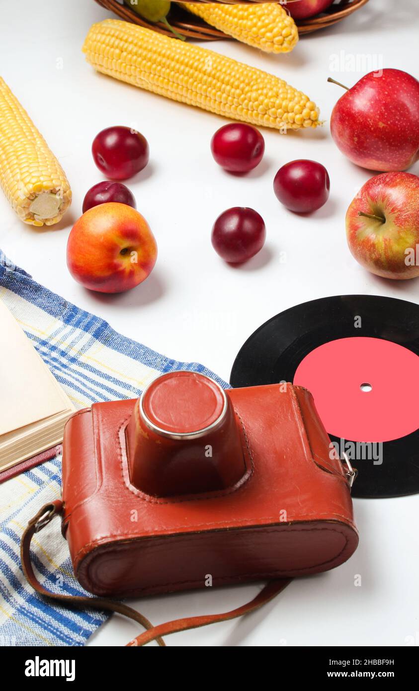 French retro style picnic. Basket with fruits and vegetables, retro