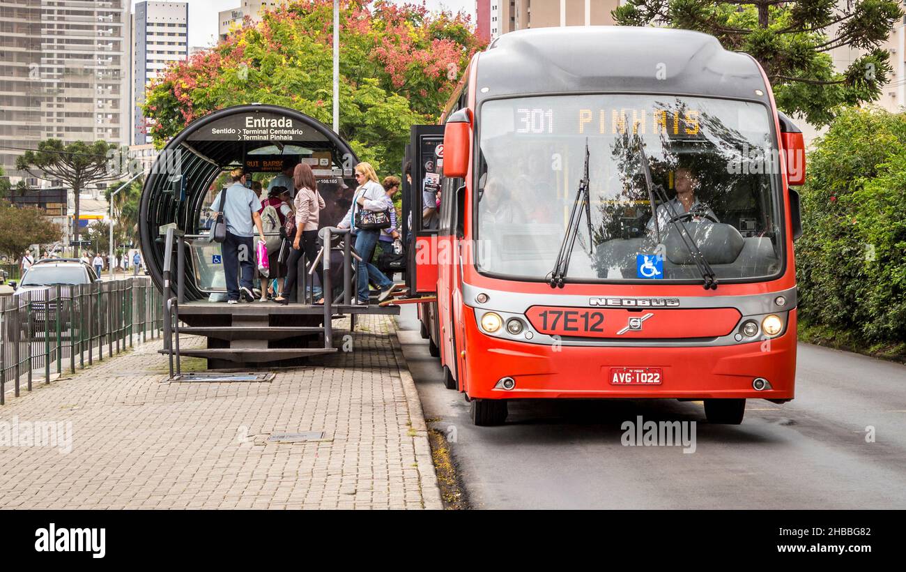 Curitiba, Parana, Brazil - June 12, 2017: The iconic public transportation system of Curitiba in Parana, Brazil. Stock Photo