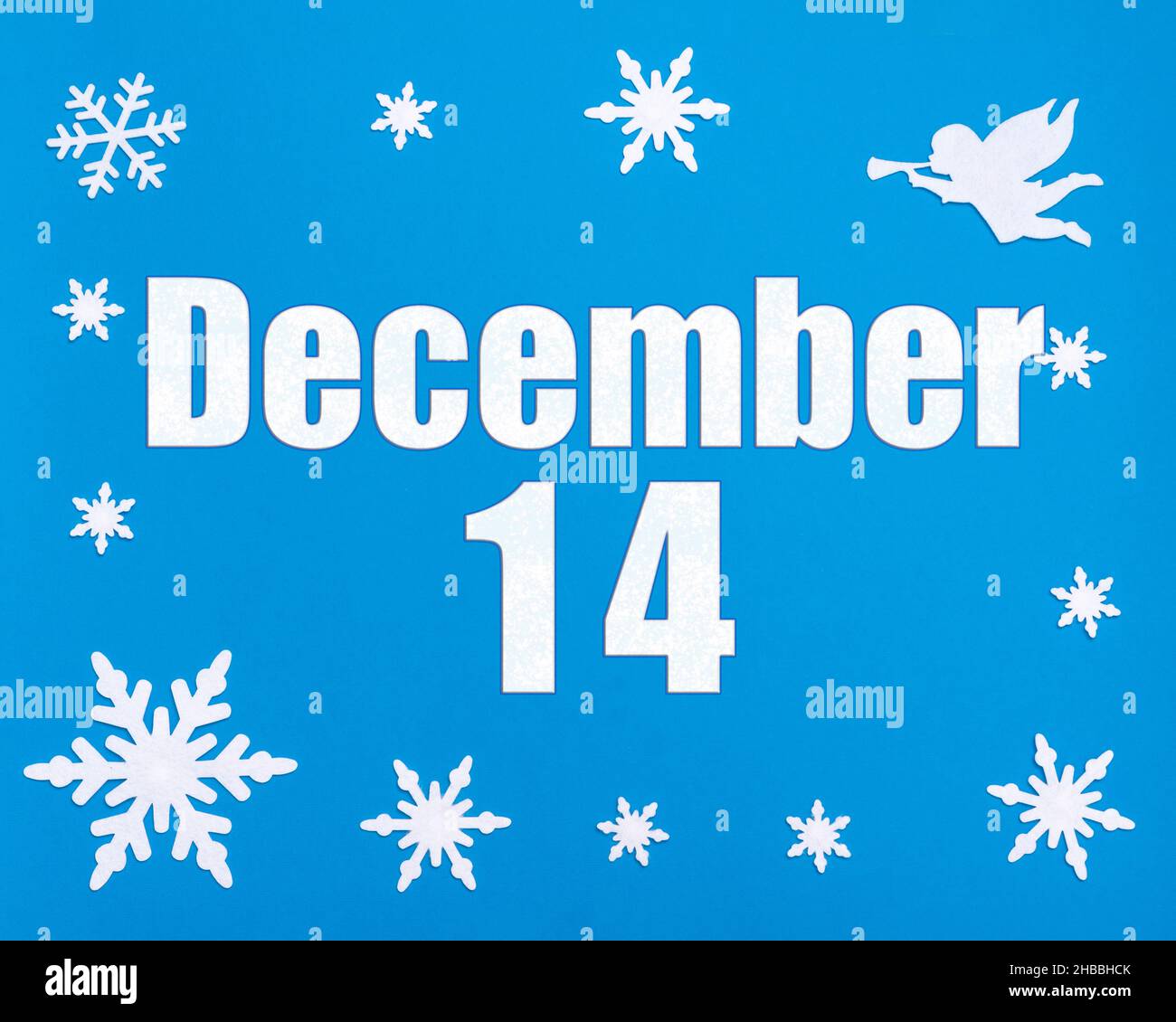 December 14th. Winter blue background with snowflakes, angel and a ...