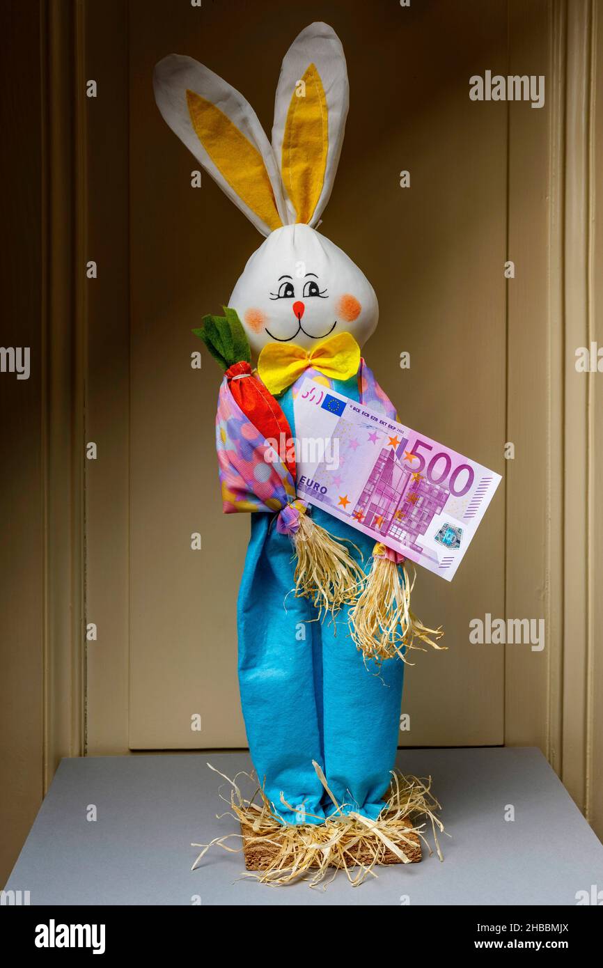 Stuffed happy rabbit holding one 500 Euro banknote, Stock Photo