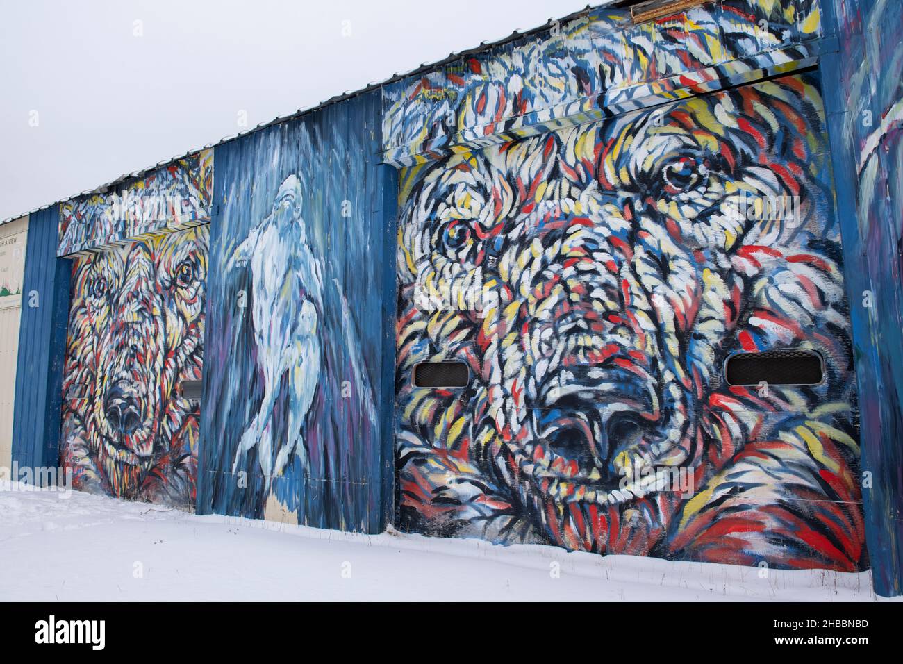 Canada, Churchill. Polar bear and beluga whale mural painted on Churchill wall. Editorial only. Sea Walls Churchill. Stock Photo