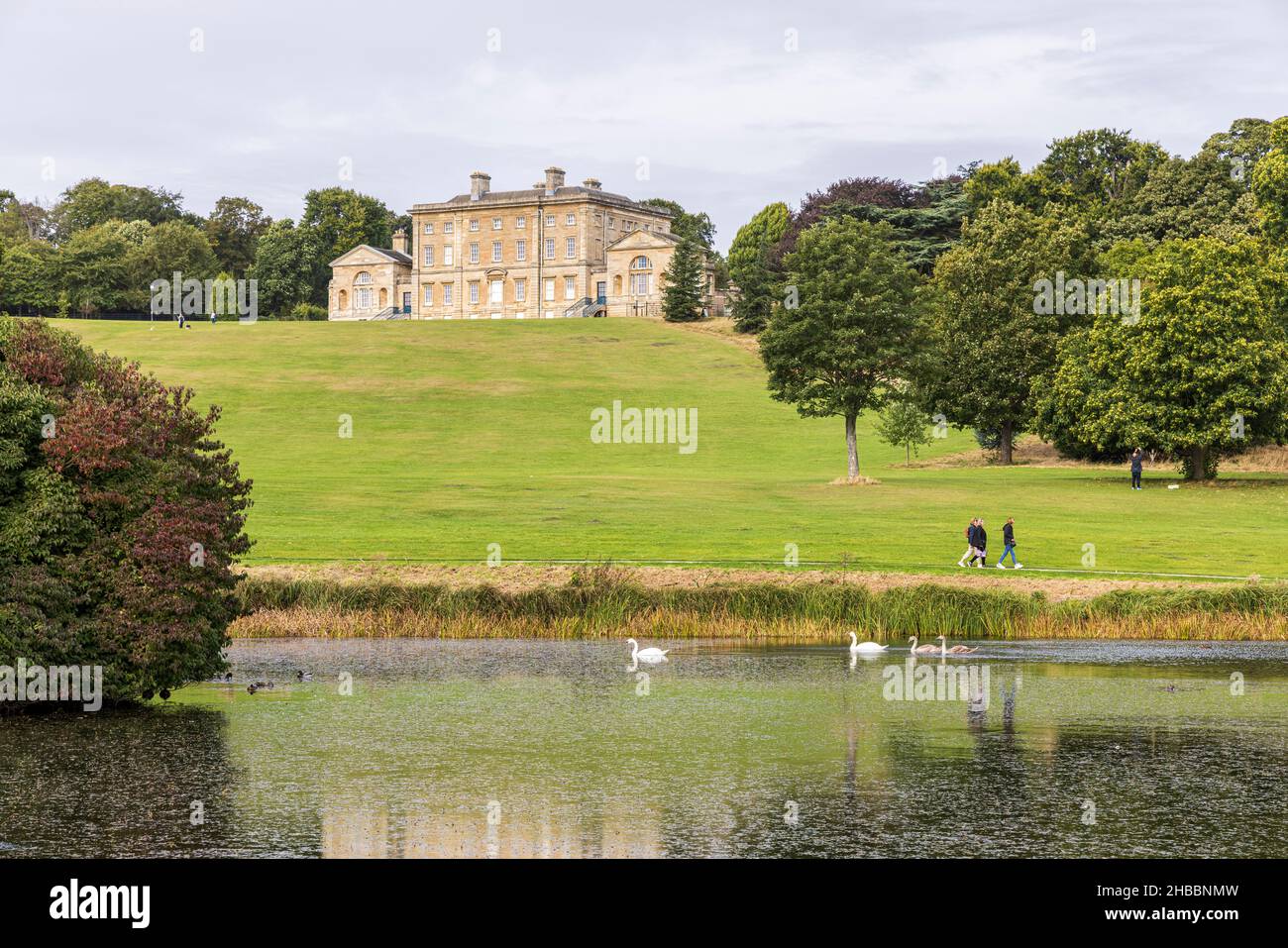 Cusworth Hall, with swans in the lake. Musuem, old manor house and parkland in Doncaster, Yorkshire, England Stock Photo