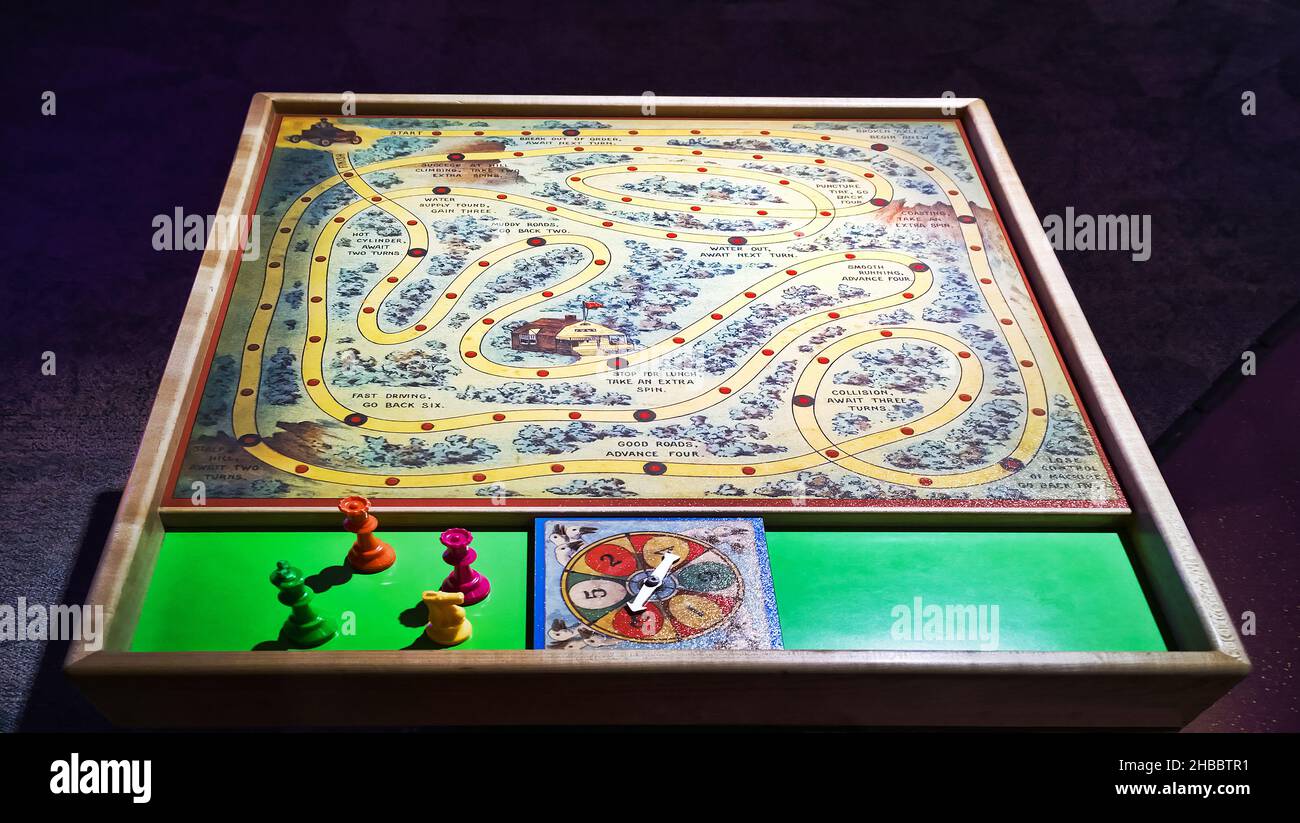 Rochester, New York, USA. December 16, 2021.The Auto Game, circa 1910, by the Milton Bradley Company, on display at the Strong National Museum of Play Stock Photo