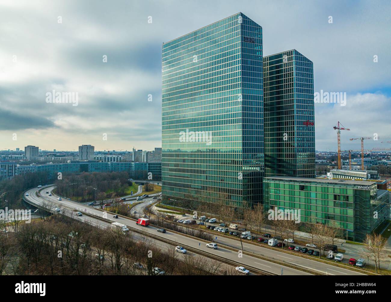 MUNICH, GERMANY - DECEMBER 17: Highlight Business Towers on december 17, 2021 in Munich. The two most important tenants, IBM and Fujitsu have their Stock Photo