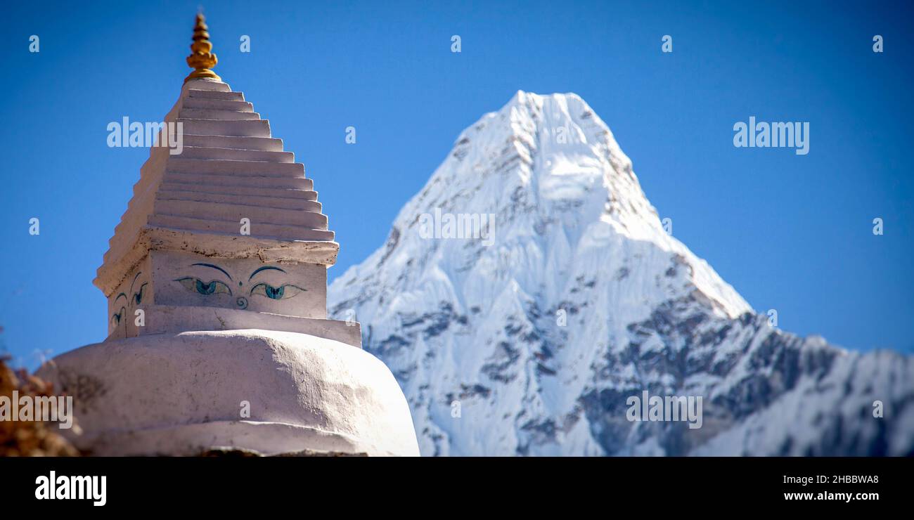 Ama Dablam and Buddha Eyes Stock Photo