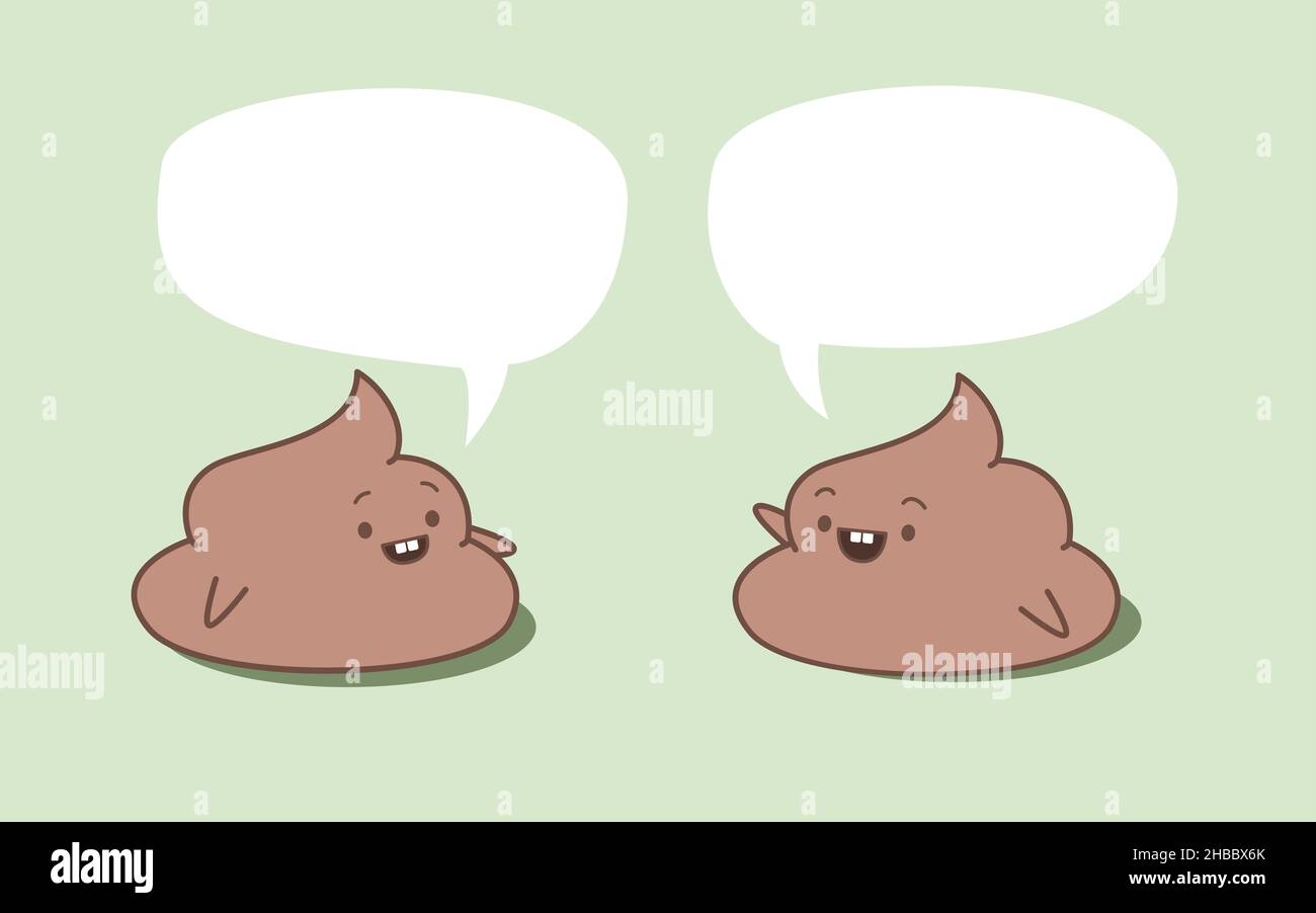 Two happy kawaii poops chating with each other. Speech bubbles are empty. Isolated on green background. Stock Photo