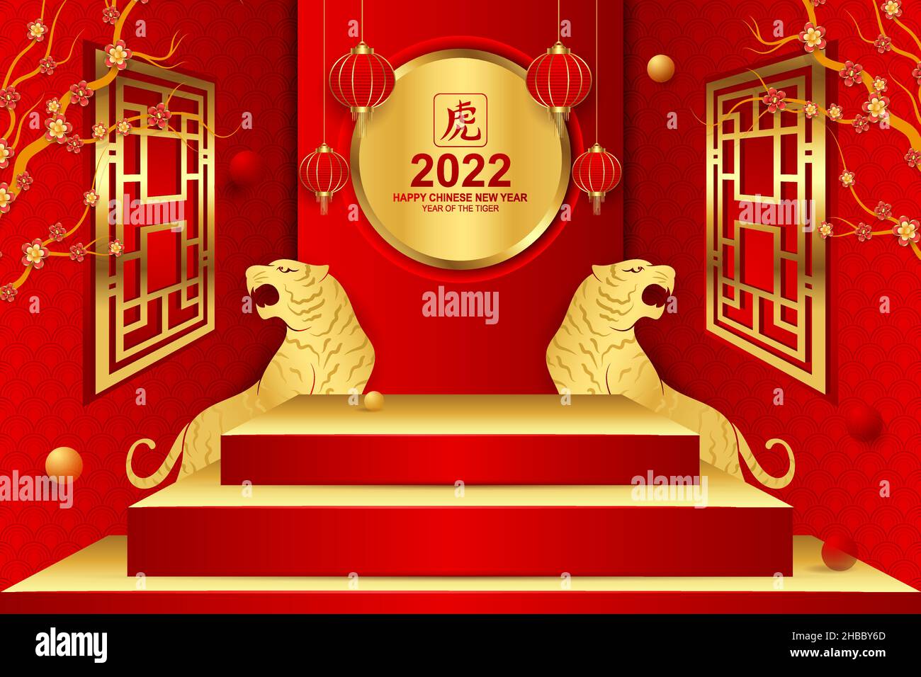 Podium Happy chinese new year 2022 with two golden tiger Stock Vector