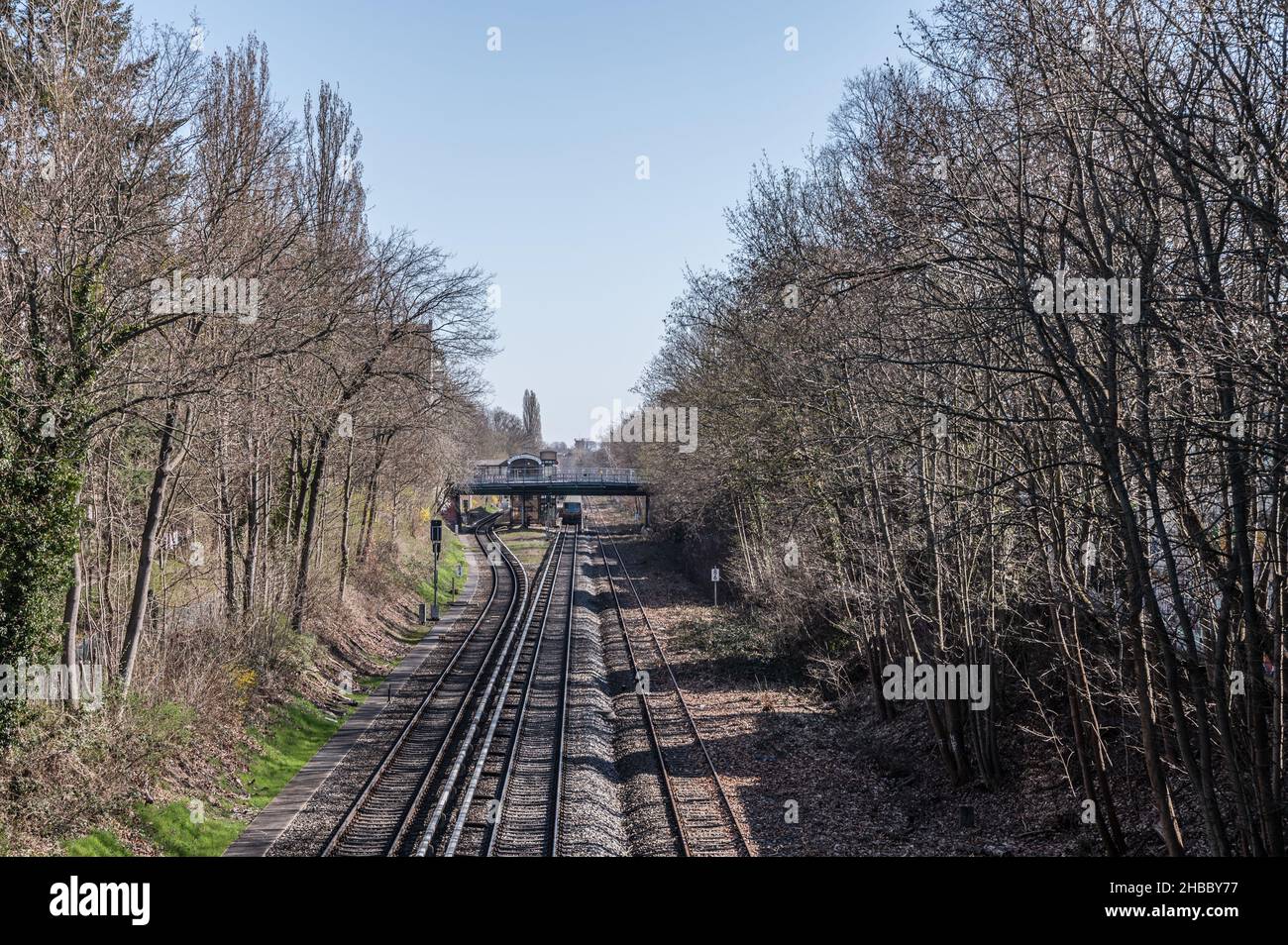 Light rail tracks with power rails Stock Photo