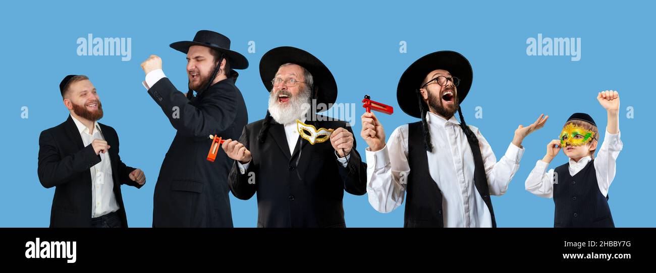 Set of portraits of mixed aged men, orthodox jewish men with wooden ...