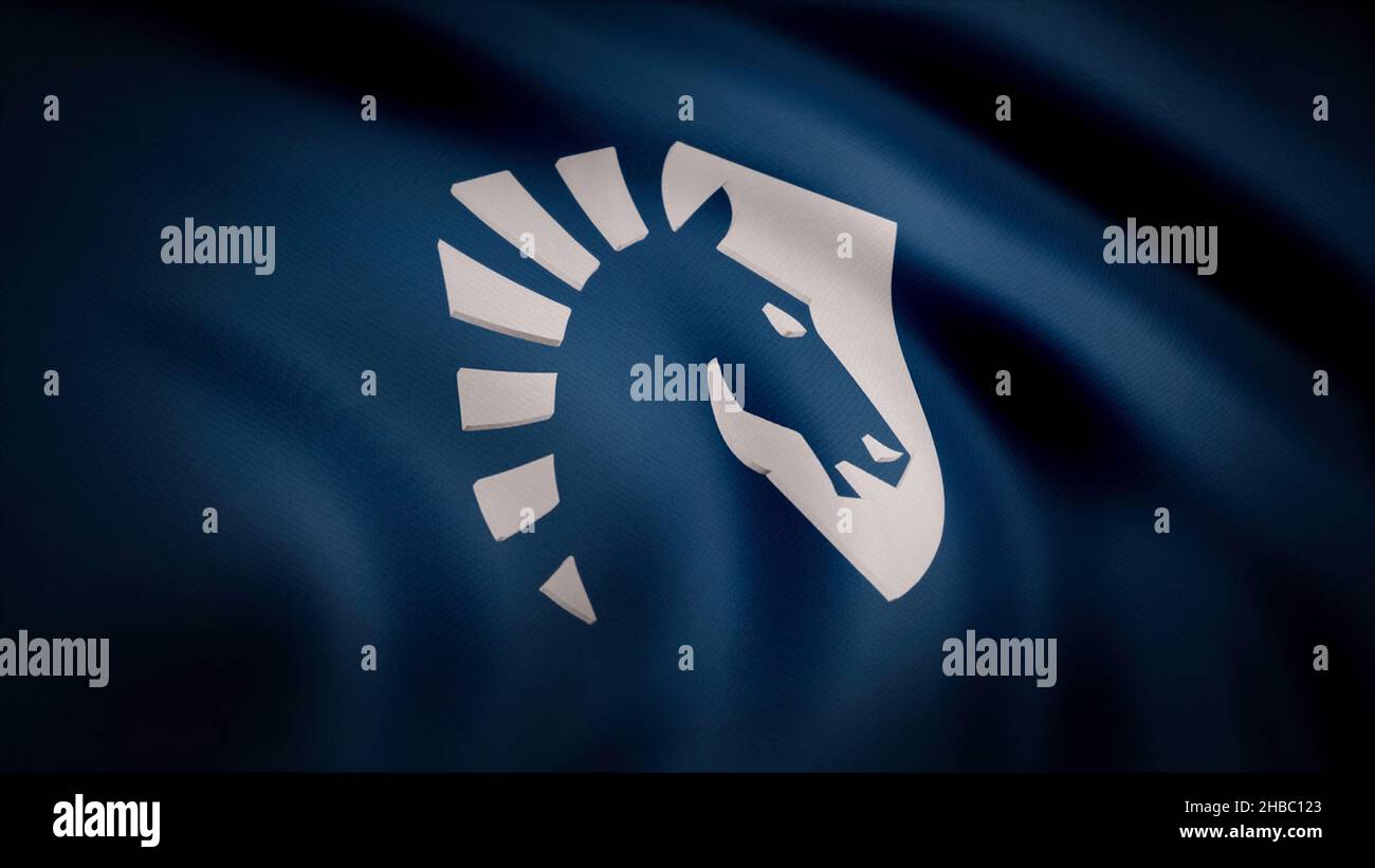 Animation of flag with symbol of Cybergaming Team Liquid. Stock Photo