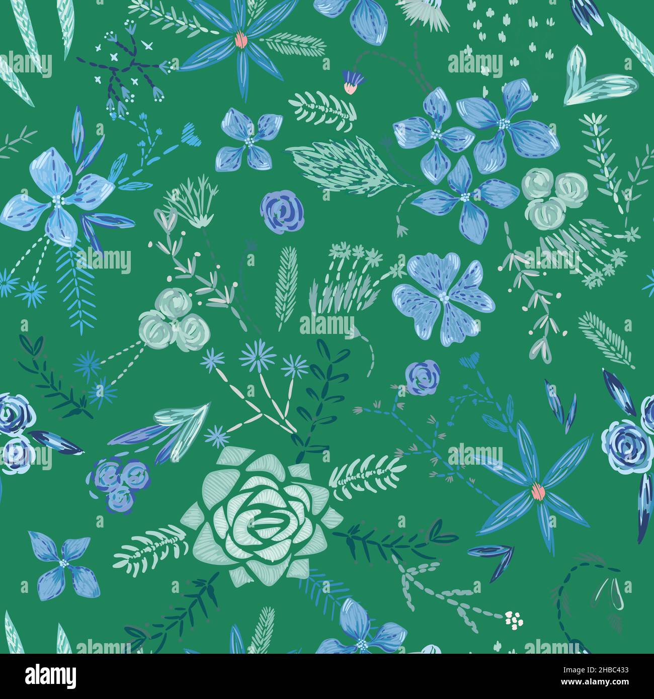 Embroidery pattern with garden flowers and herbs for vintage textile