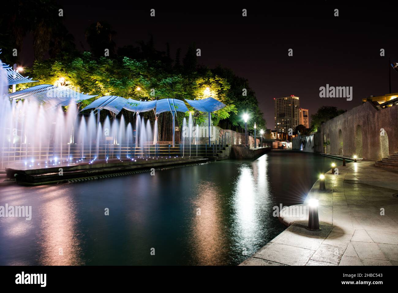 View of the fountains at night. Paseo Santa Lucia, Monterrey, Mexico. Stock Photo