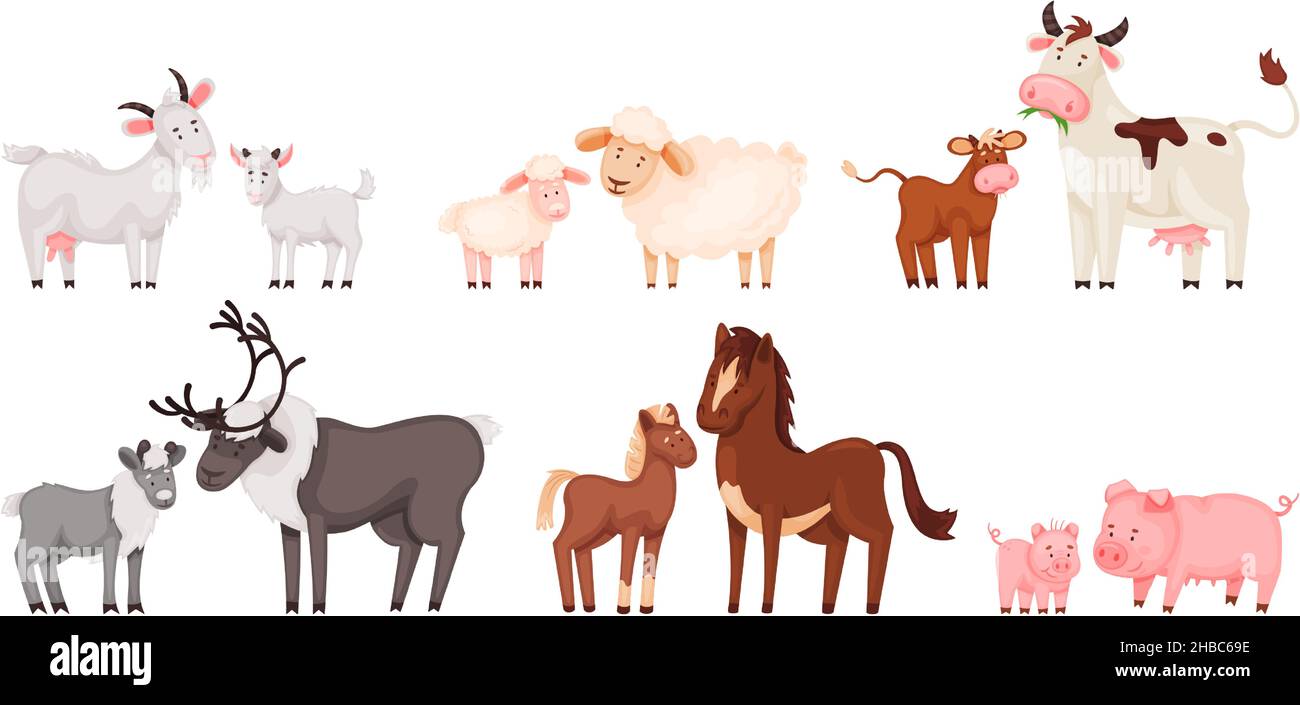 Cartoon farm animal family, cute baby animals and their mothers. Mother pig with little piglet, sheep Cartoon farm animal family, cute baby animals and their mothers. Mother pig with little piglet, sheep