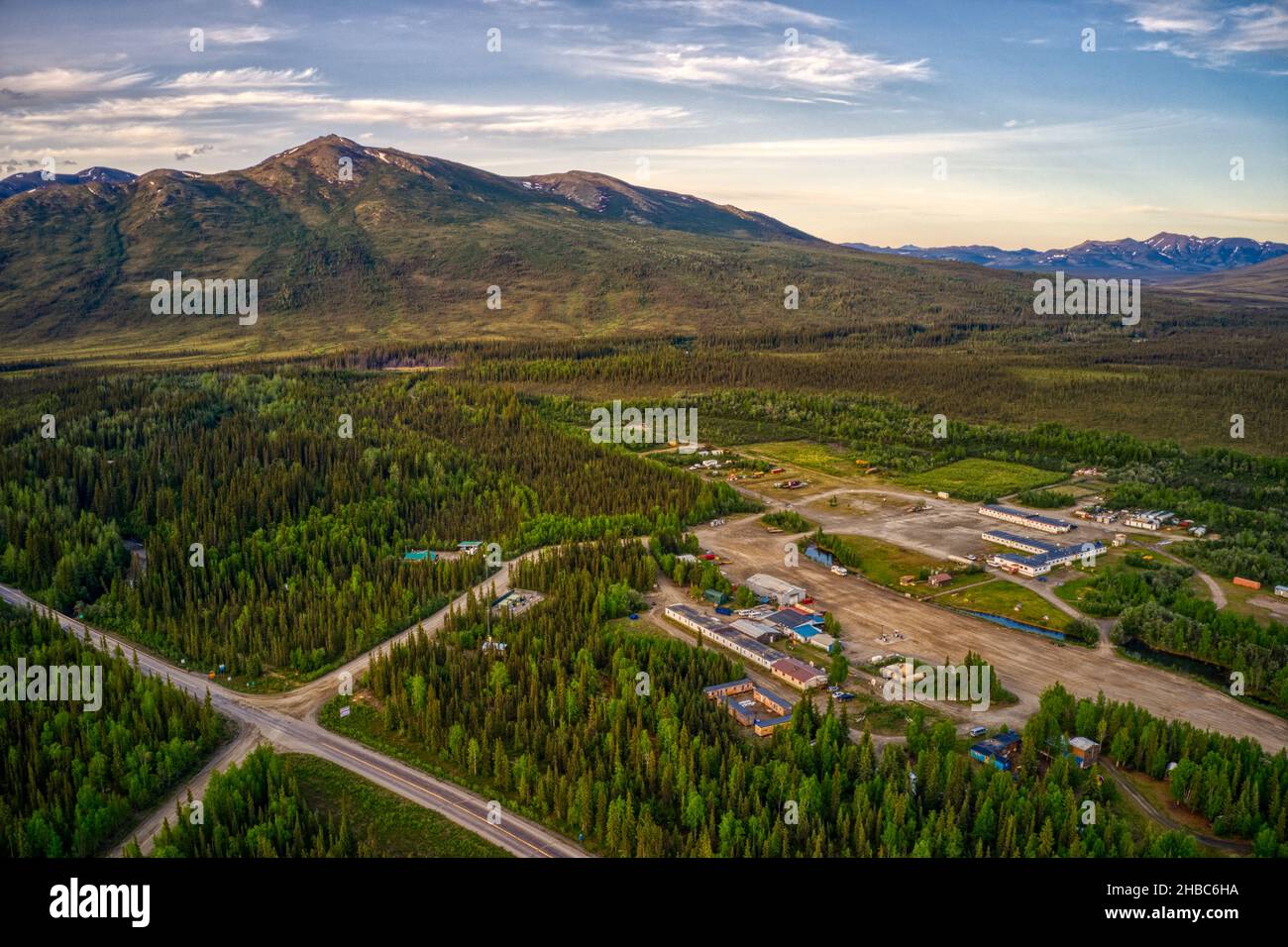 Aerial view of Coldfoot, Alaska along the Dalton Highway Stock Photo