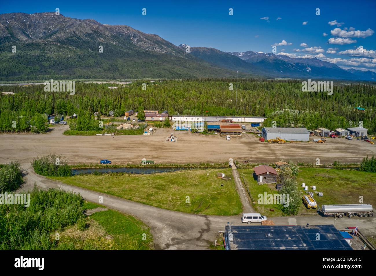 Aerial view of Coldfoot, Alaska along the Dalton Highway Stock Photo