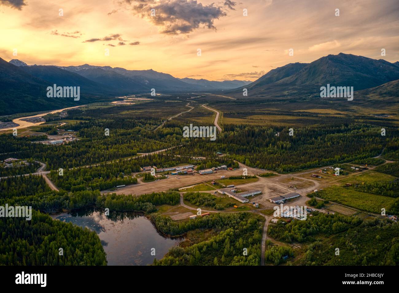 Aerial view of Coldfoot, Alaska along the Dalton Highway Stock Photo