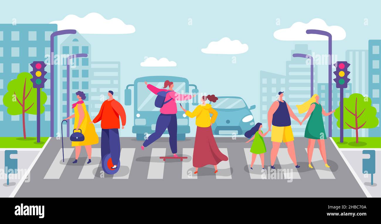 Group Of People Crossing City Road Pedestrians Walking On Crosswalk Group Of People Crossing City Road Pedestrians Walking On Crosswalk