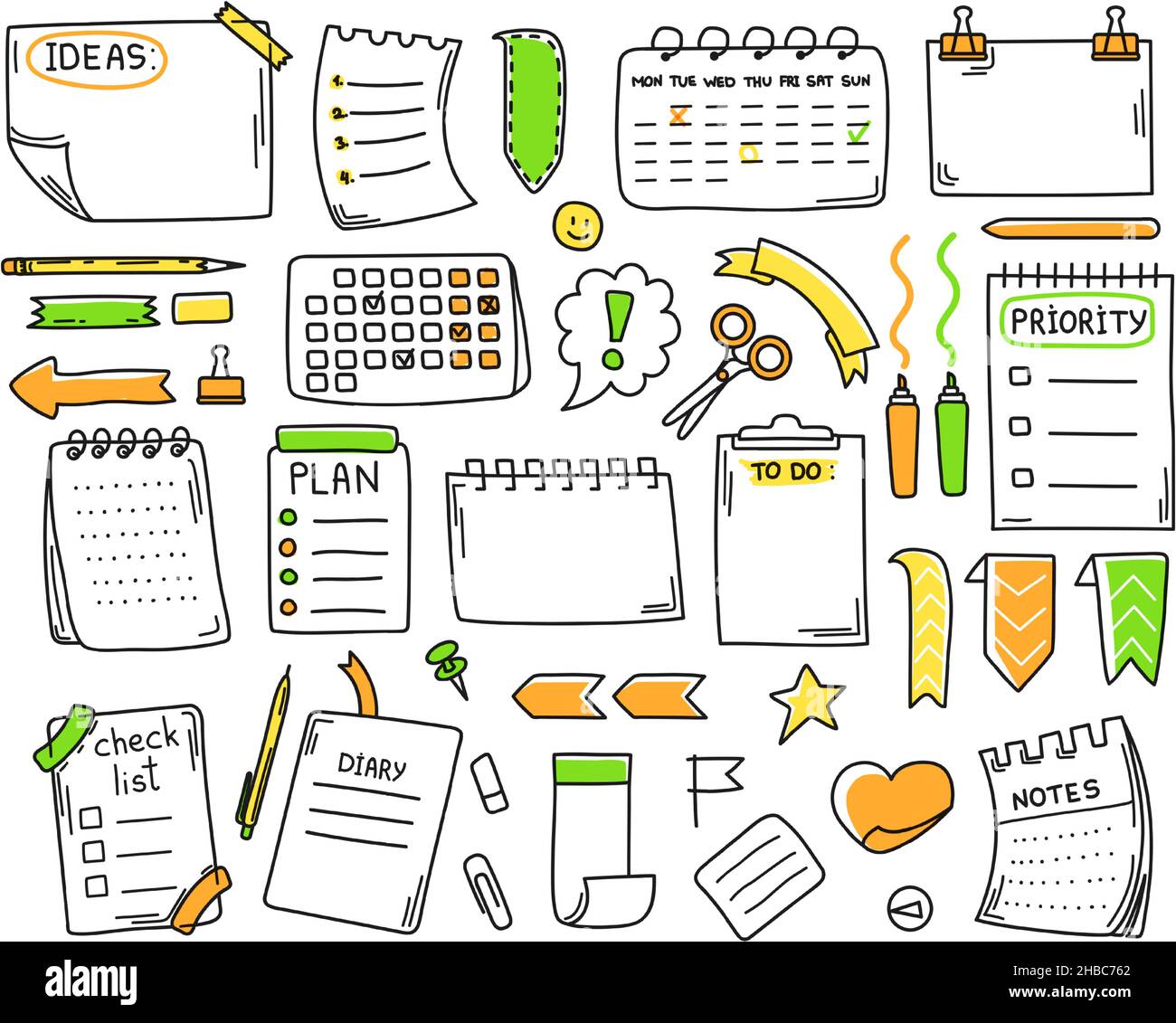 https://c8.alamy.com/comp/2HBC762/cute-journal-doodles-hand-drawn-notebook-diary-elements-sketch-memo-notes-paper-sheets-to-do-list-calendar-journaling-doodles-vector-set-page-f-2HBC762.jpg