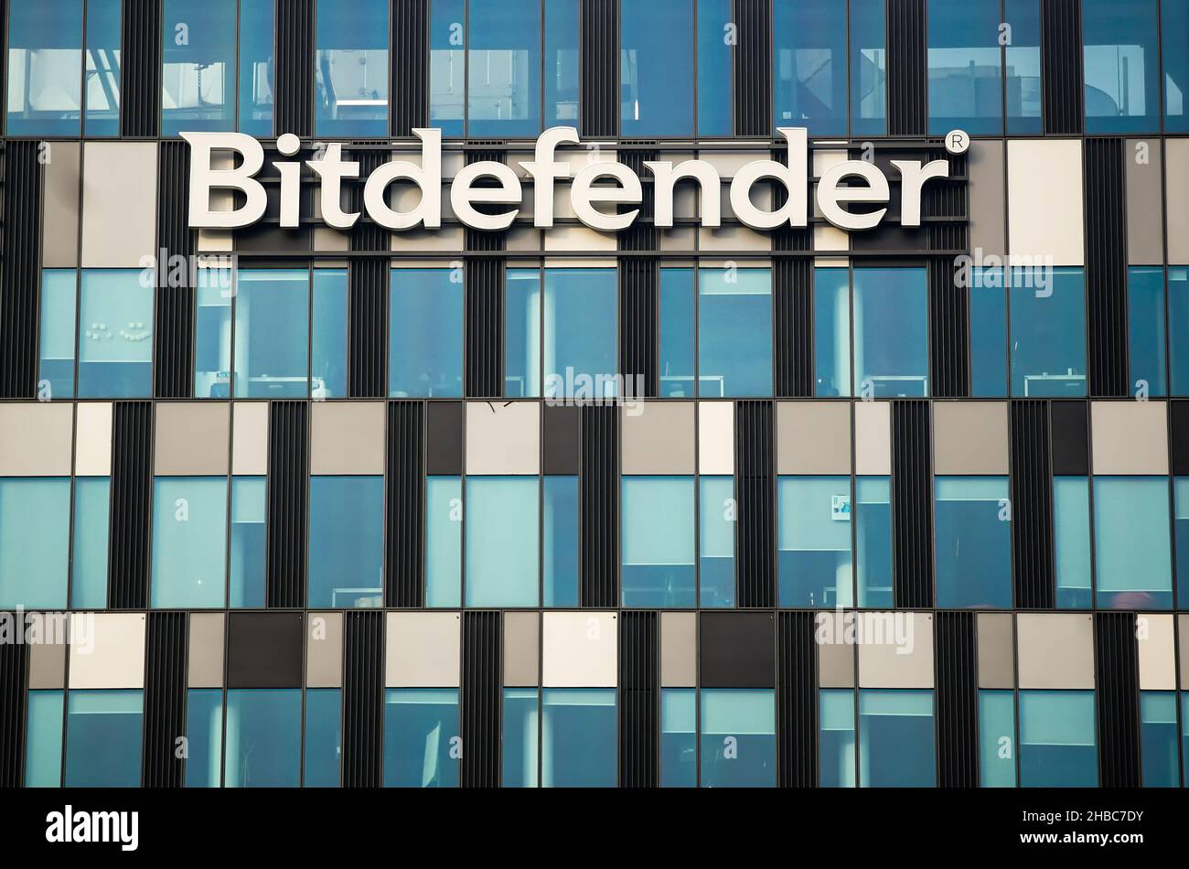 Bucharest, Romania - December 09, 2021: The logo of Romanian cybersecurity and anti-virus software company Bitdefender is seen on the top of the Orhid Stock Photo