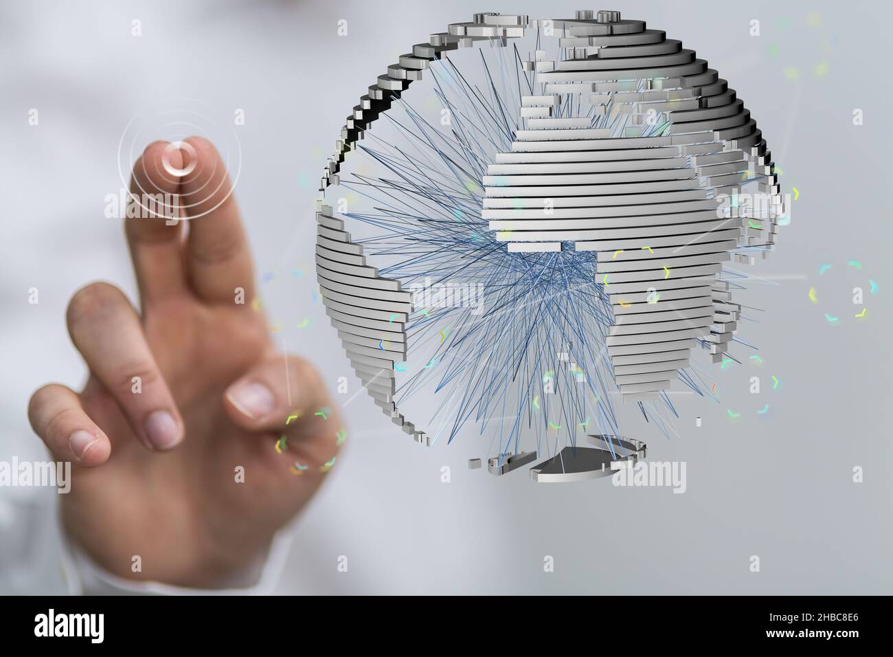 Person's hand touching on 3d rendered virtual world Stock Photo - Alamy