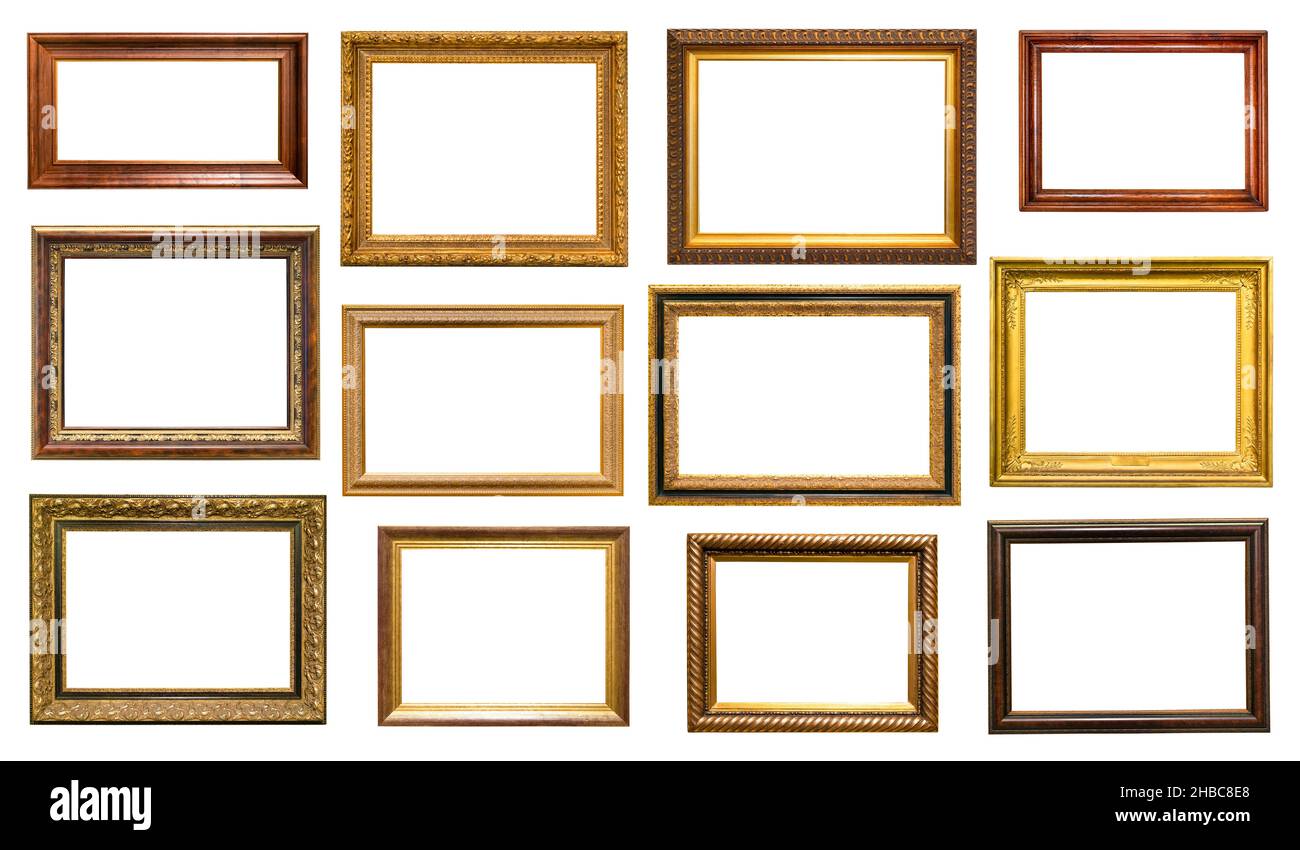 set of various vintage wooden picture frames with blank canvas cutout on white background Stock ...