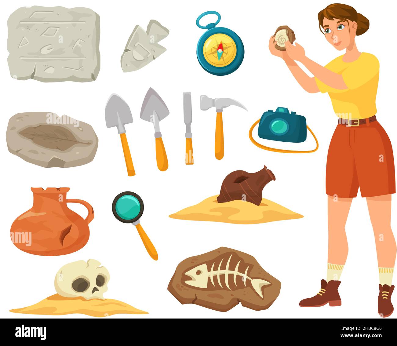Cartoon archaeological tools and equipment, ancient artifacts and fossils. Archaeologist at work, archeology expedition elements vector set. Female character exploring bones, excavation concept Stock Vector
