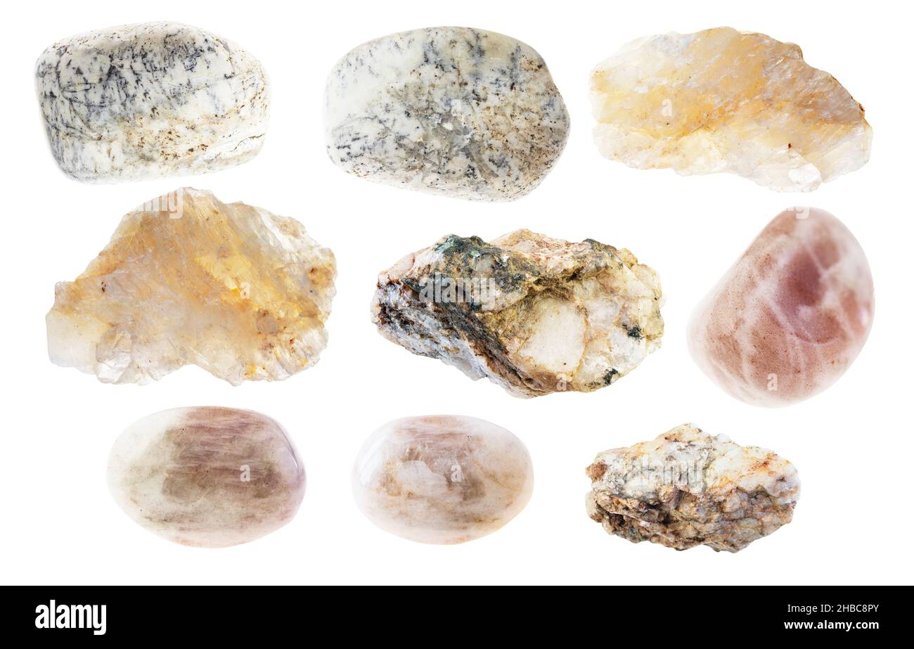 Cut Albite set of various albite stones cutout on white background Stock Photo - Alamy