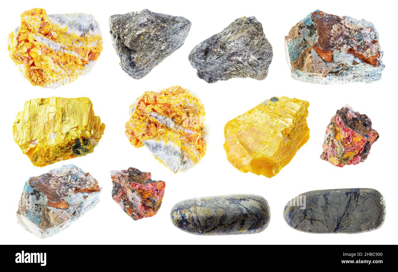 set of various arsenic ores cutout on white background Stock Photo