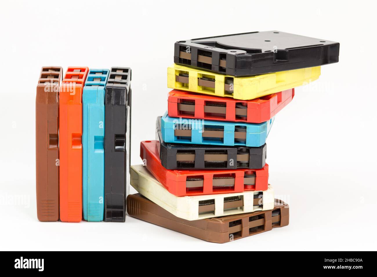 Many old 8-track audio tapes of different colors Stock Photo