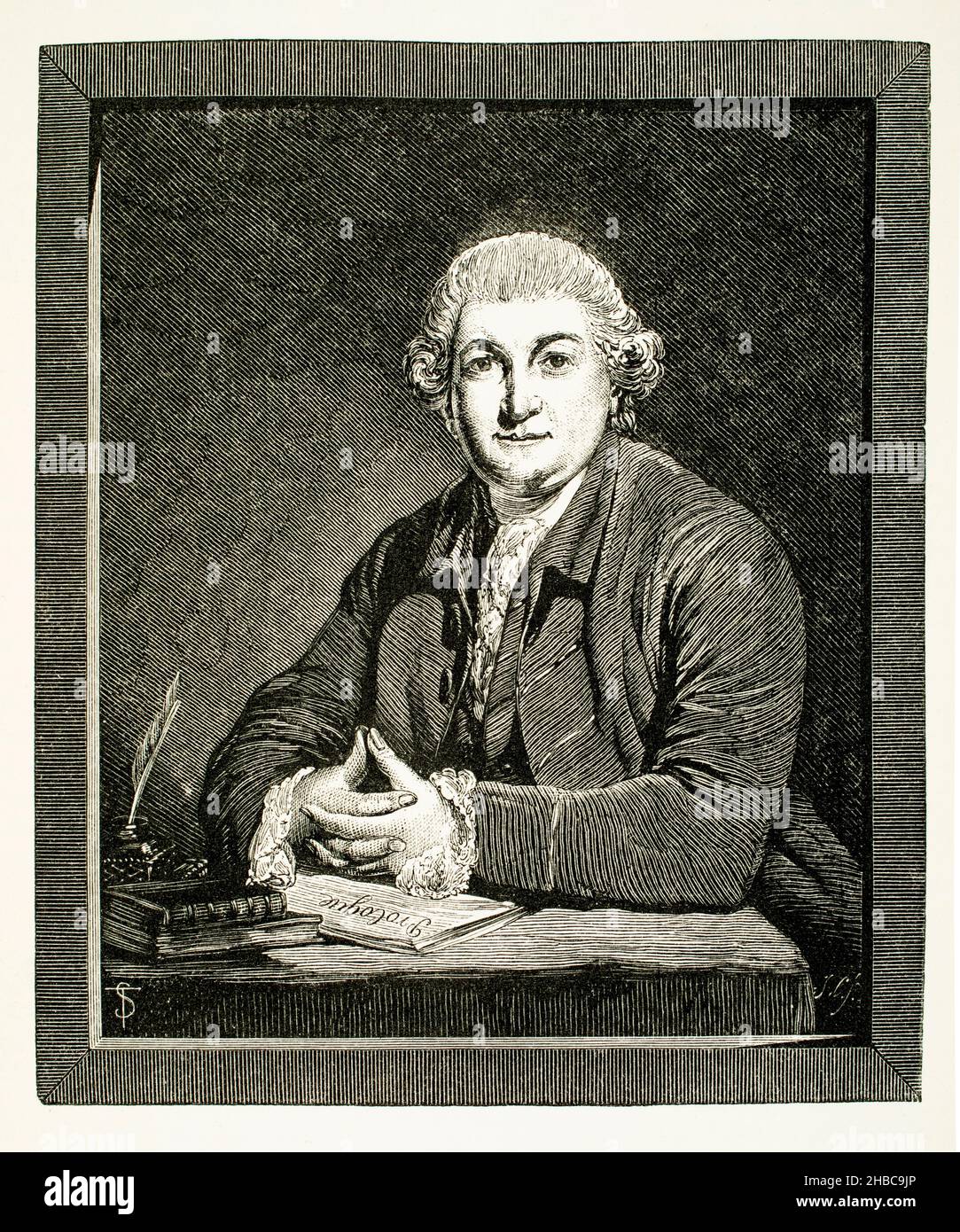 engraved illustration of famous actor David Garrick, from a portrait by Sir Joshua Reynolds, for Boswell’s Life of Johnson, published in 1866 Stock Photo