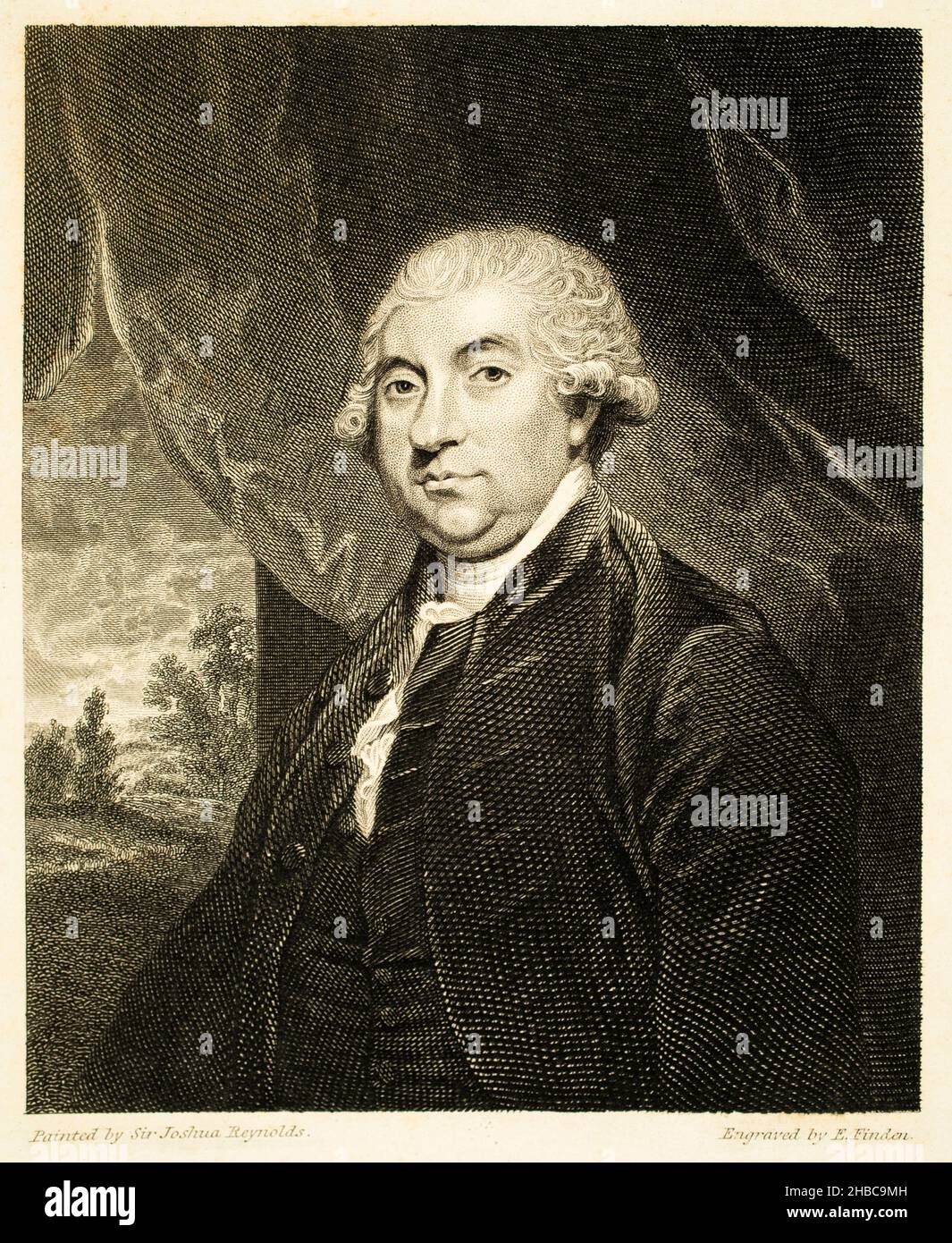 engraved illustration of biographer James Boswell, engraving by Edward Francis Finden portrait by Sir Joshua Reynolds, Boswell’s Life of Johnson Stock Photo