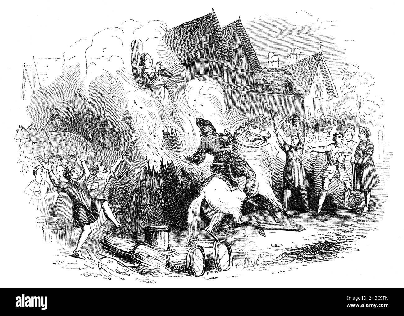 Illustration from John Bunyan’s Pilgrim’s Progress, 1845 engraving of the Martyrdom o Faithful, burning at stake in Vanity Fair, printed for the relig Stock Photo
