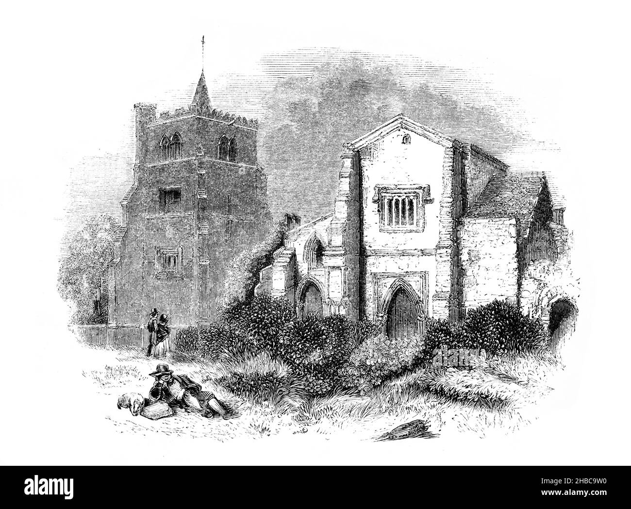 Illustration from life of John Bunyan, author of Pilgrim’s Progress, 1845 engraving of Bunyan, idle, ignoring the church, printed for the religious tr Stock Photo