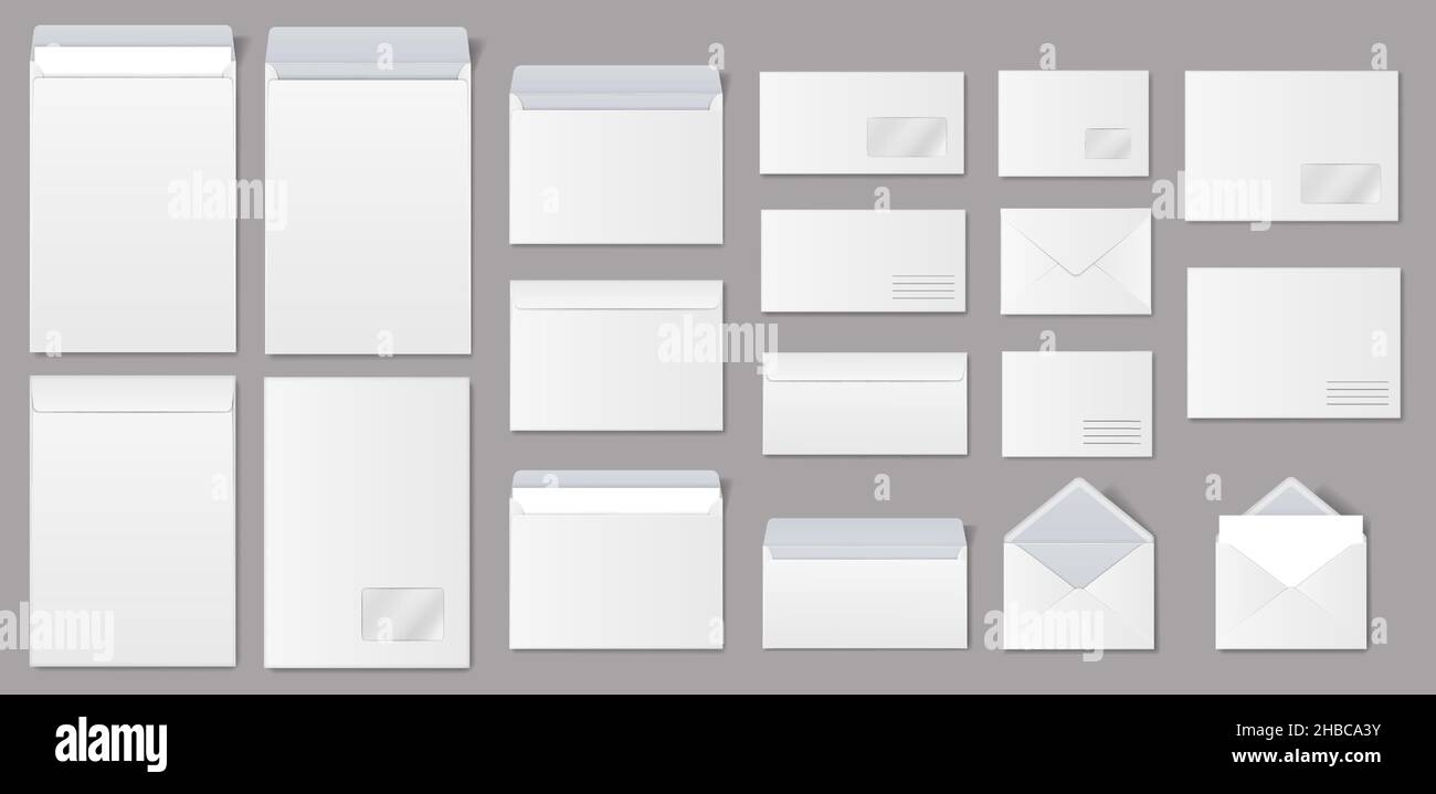 Realistic paper envelopes, white blank mailing envelope with letter