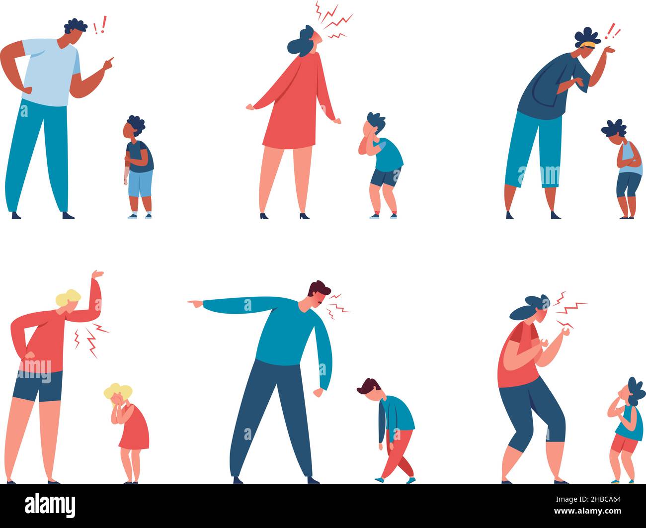 Angry parents yelling at kids, bad parenting, family problems. Frustrated mother shouting at scared child, father scolding son vector set. Family abuse, adults punishing frightened children Stock Vector