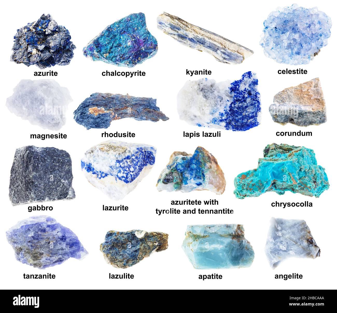 set of various blue raw rocks with names cutout on white background ...