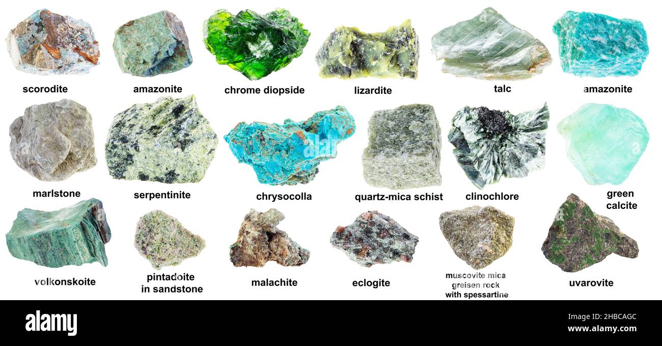 set of various unpolished green minerals with names cutout on white background Stock Photo