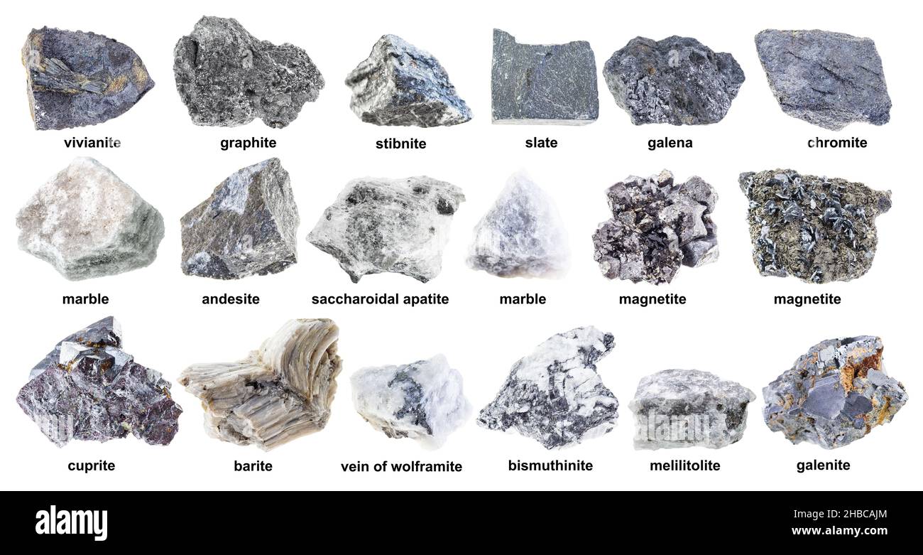 set of various raw gray stones with names cutout on white background