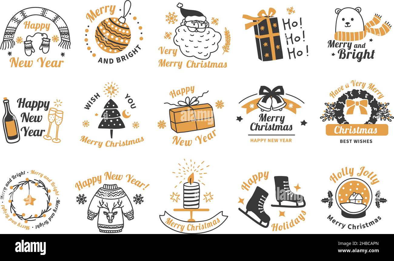 https://c8.alamy.com/comp/2HBCAPN/christmas-lettering-labels-xmas-emblem-with-hand-drawn-elements-new-year-winter-holidays-cute-badges-with-santa-gifts-tree-toys-vector-set-greeting-cards-text-with-mittens-and-scarf-champagne-2HBCAPN.jpg