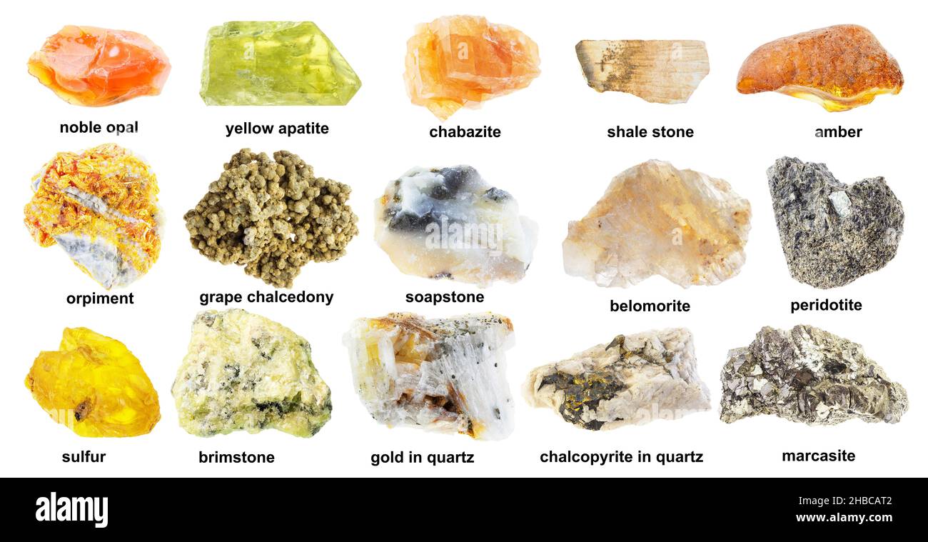 set of various rough yellow stones with names cutout on white ...