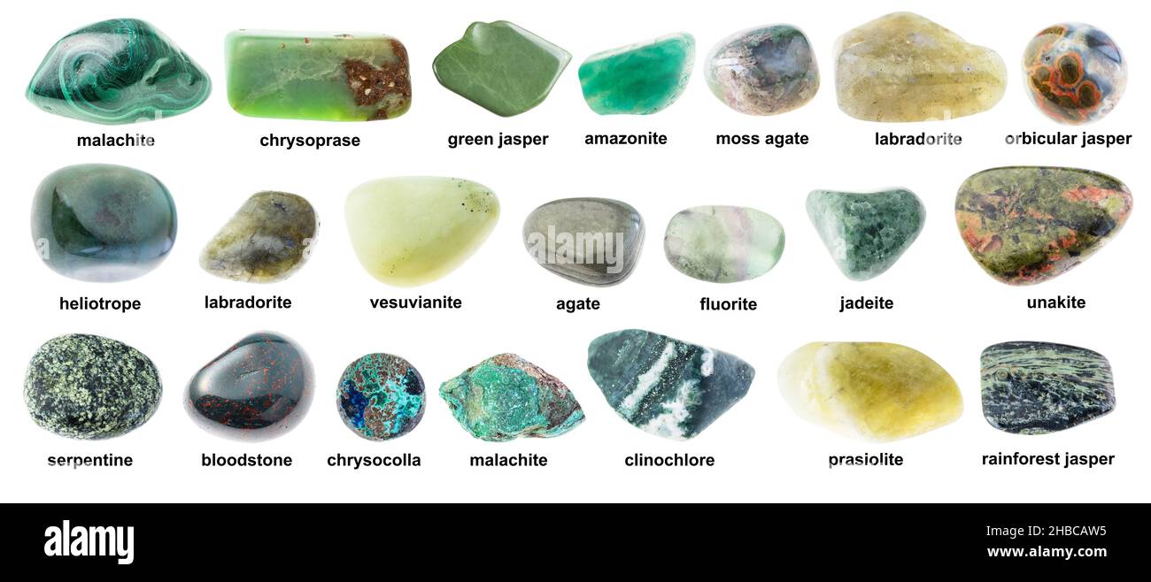 set of various tumbled green stones with names cutout on white background Stock Photo