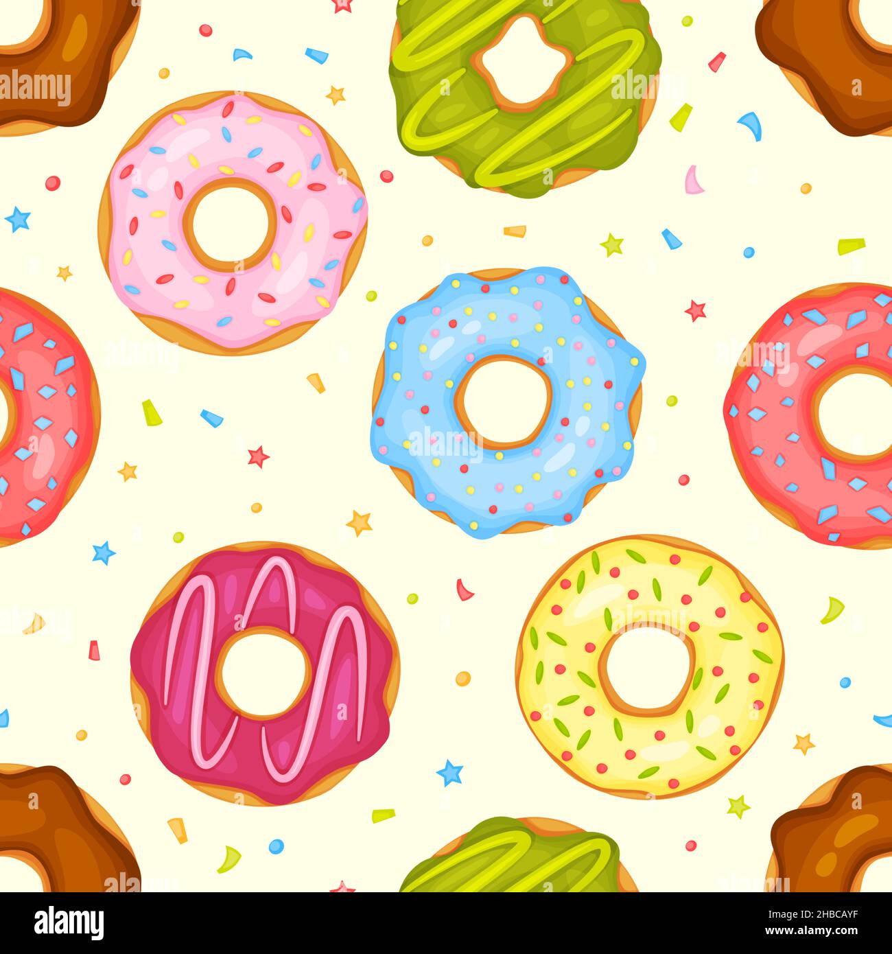 Cartoon cute donuts seamless pattern, glazed donut with sprinkles ...