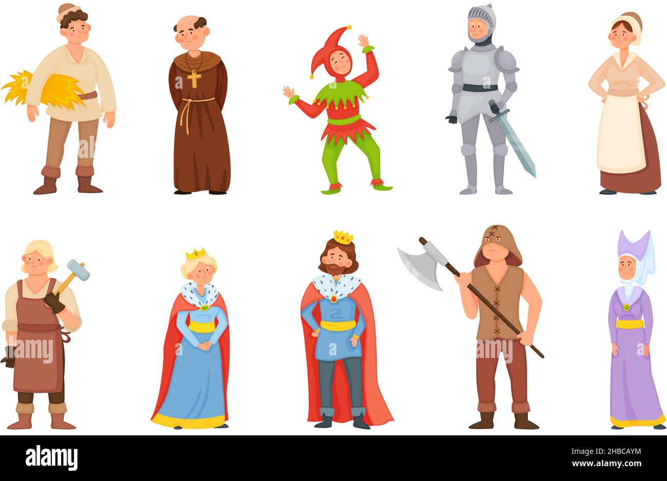 Cartoon historical medieval characters, king and queen, princess. Middle age knight, blacksmith, peasant, jester character vector set. Woman and man in old fairy tale or legend clothes Stock Vector