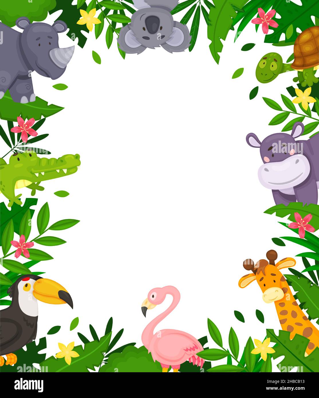 Cartoon jungle frame with cute african animals and tropical leaves. Animal  characters in rainforest border with space for text vector background.  Flamingo, rhino, giraffe for invitation card Stock Vector Image & Art -